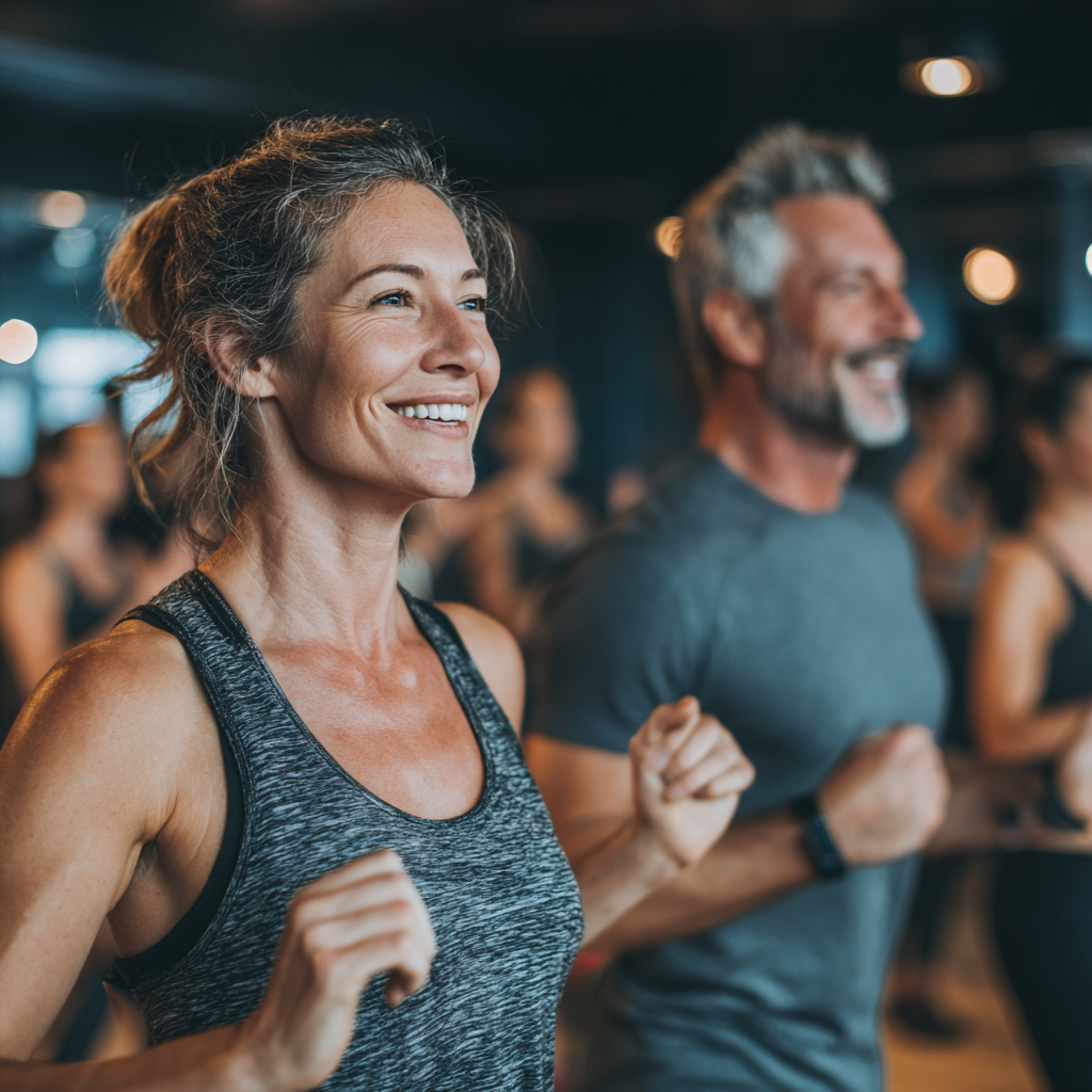 Active adults aged 40-55 enjoying group fitness training session in modern gym with professional equipment and positive atmosphere