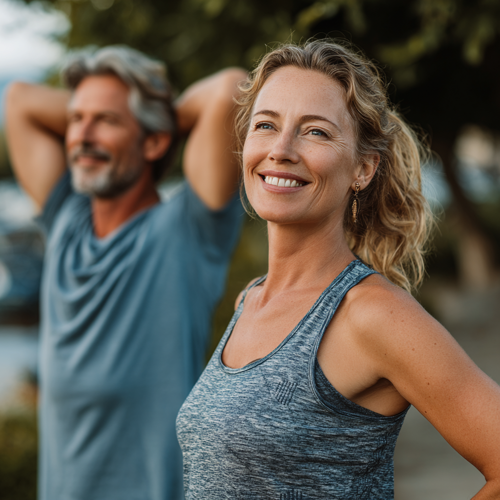 Confident middle-aged woman and man in their 40s and 50s doing stretching exercises outdoors in park setting, showing healthy active lifestyle and positive fitness experience